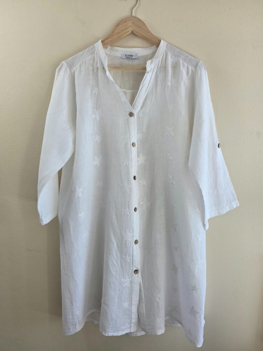 Rosemarine Made in Italy Women's 100% Linen White Shirt 3/4 Roll-Tab Sleeve Boho